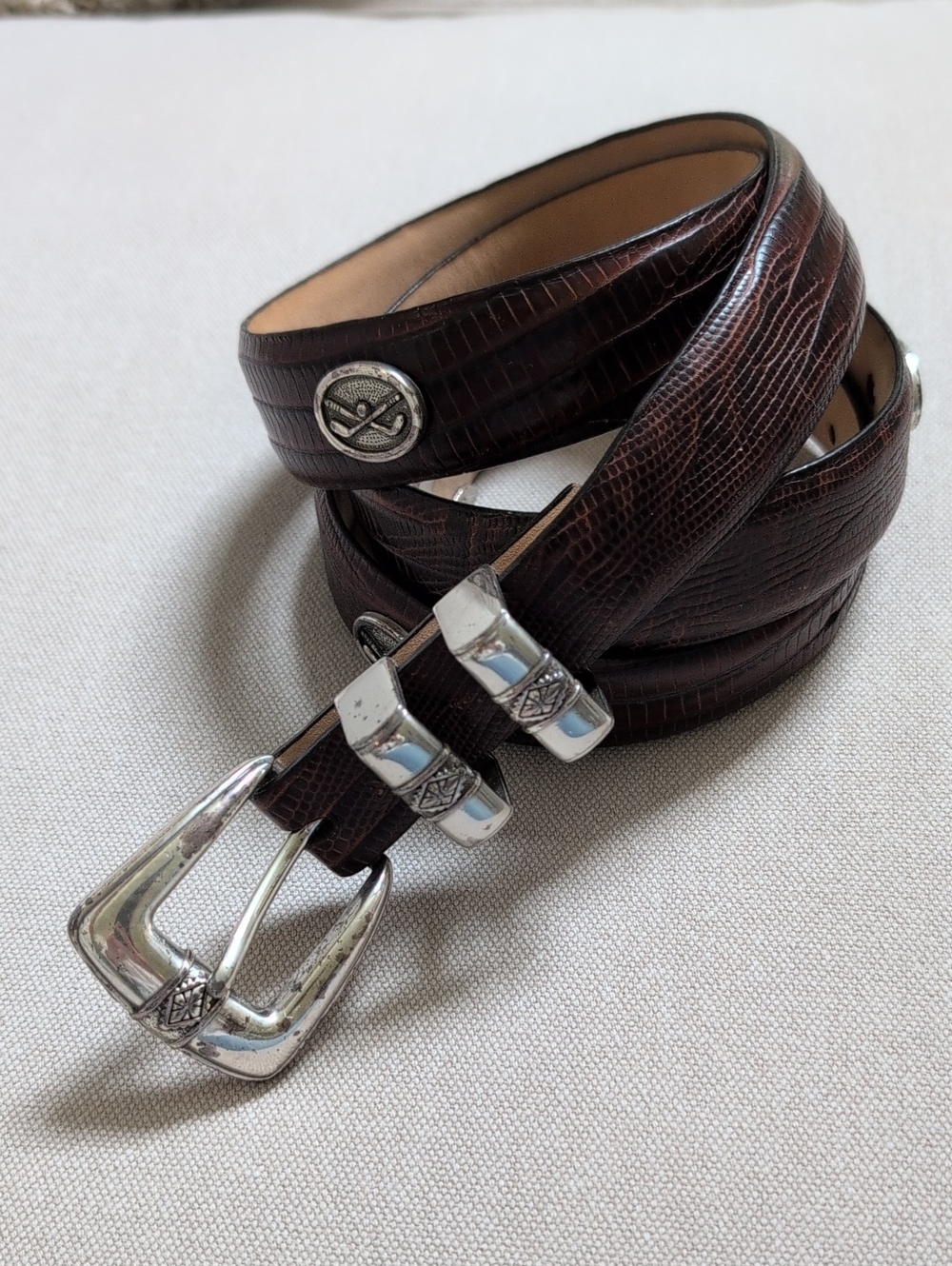 Brown Reptile Embossed Italian Calfskin Leather Belt Size 46 Silver Buckle